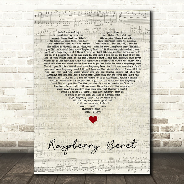 Prince Raspberry Beret Script Heart Song Lyric Wall Art Print