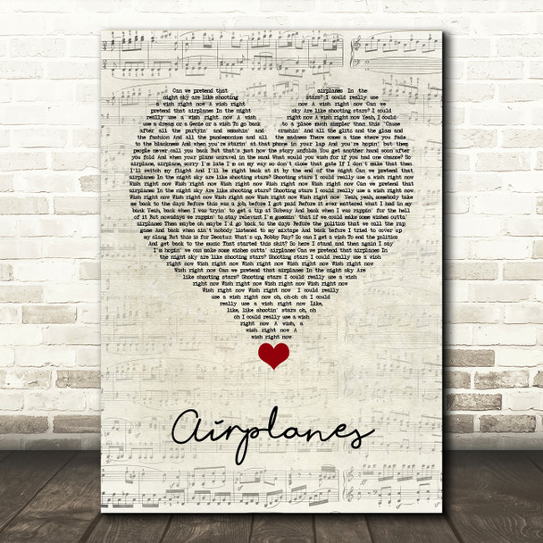 BoB Airplanes Script Heart Song Lyric Quote Music Print