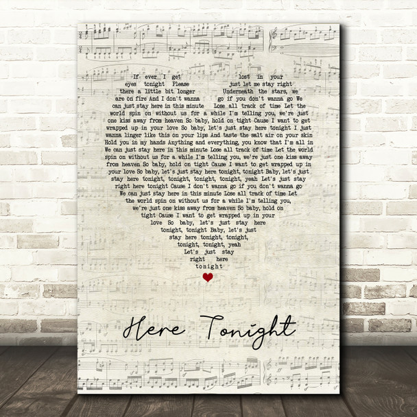 Brett Young Here Tonight Script Heart Song Lyric Quote Music Poster Print