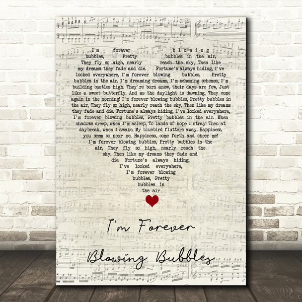 Cockney Rejects I'm Forever Blowing Bubbles Script Heart Song Lyric Quote Music Print
