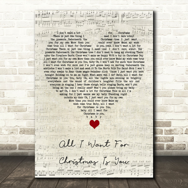 Mariah Carey All I Want For Christmas Is You Script Heart Song Lyric Quote Music Print