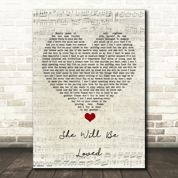 Maroon 5 She Will Be Loved Script Heart Song Lyric Quote Music Print