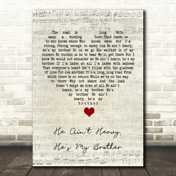 The Hollies He Ain't Heavy, He's My Brother Script Heart Song Lyric Quote Music Print