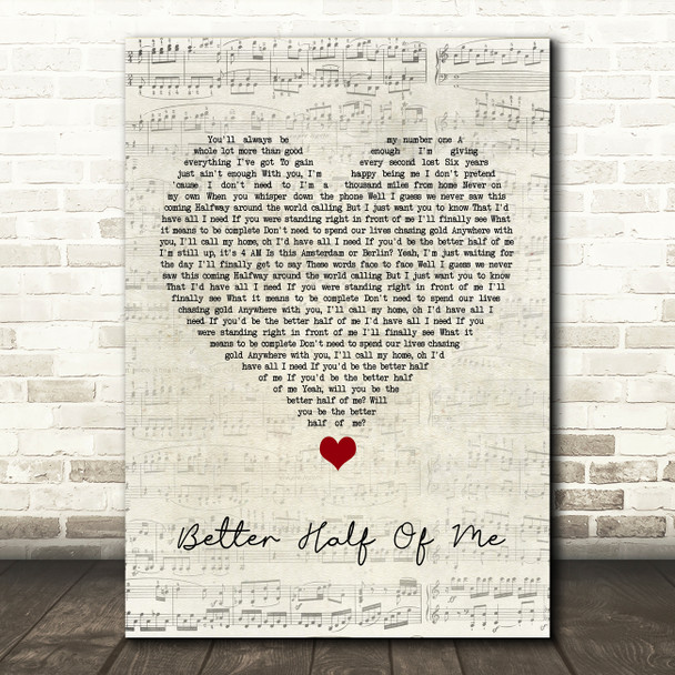 Tom Walker Better Half Of Me Script Heart Song Lyric Quote Music Print