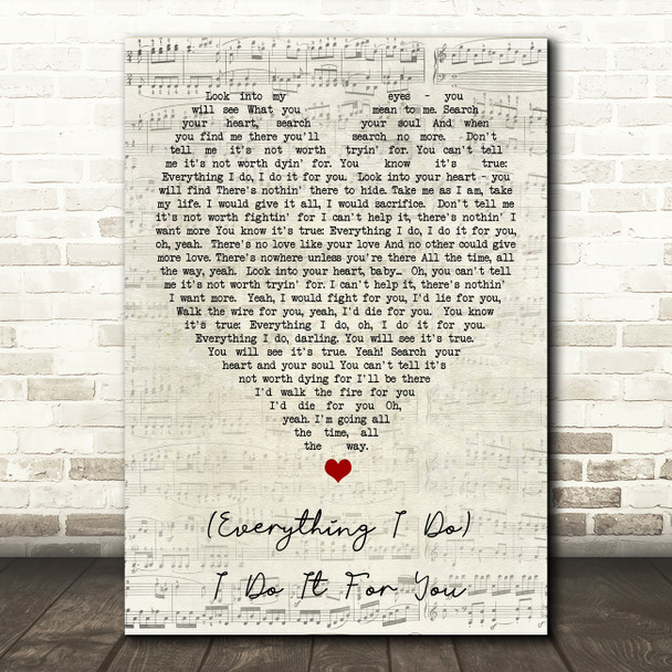 Everything I Do I Do It For You Bryan Adams Script Heart Quote Song Lyric Print