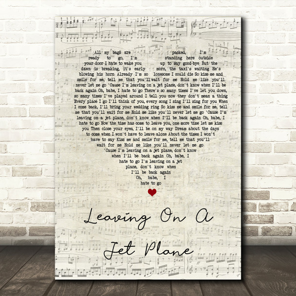 John Denver Leaving On A Jet Plane Script Heart Song Lyric Quote Print