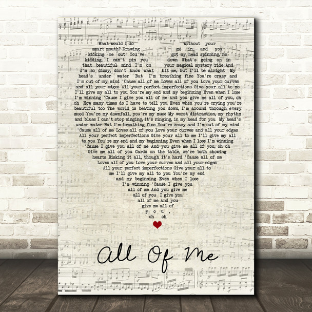All Of Me John Legend Script Heart Song Lyric Quote Print