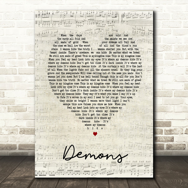 Demons Imagine Dragons Script Heart Song Lyric Quote Print