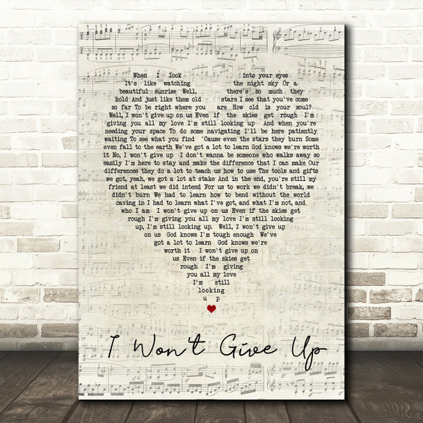 I Won't Give Up Jason Mraz Script Heart Song Lyric Quote Print