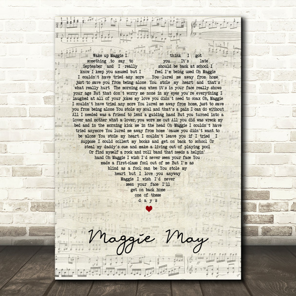 Maggie May Rod Stewart Script Heart Song Lyric Quote Print