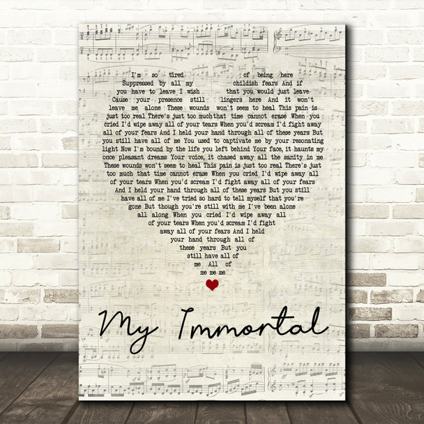 Evanescence My Immortal Script Heart Song Lyric Quote Print