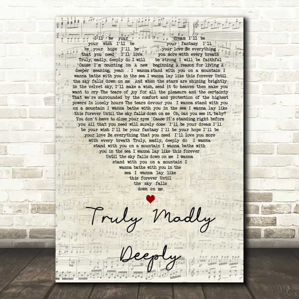 Truly Madly Deeply Savage Garden Script Heart Song Lyric Quote Print