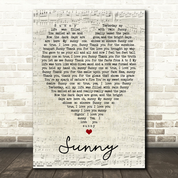Bobby Hebb Sunny Script Heart Song Lyric Quote Print