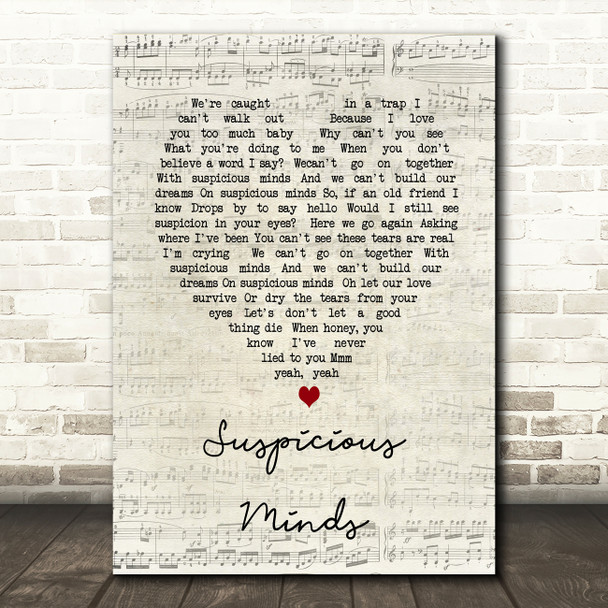 Elvis Presley Suspicious Minds Script Heart Song Lyric Quote Print