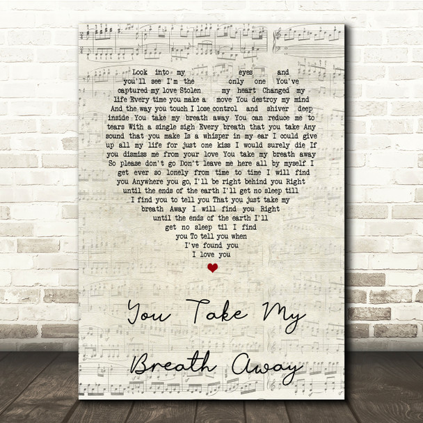 Queen You Take My Breath Away Script Heart Song Lyric Print