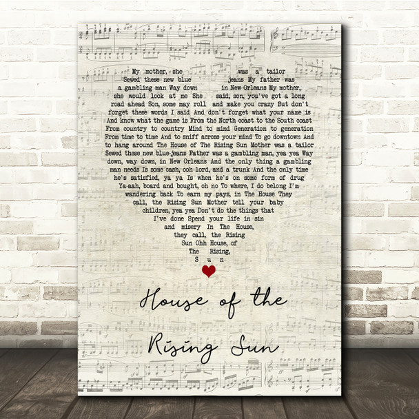 The Animals House of the Rising Sun Script Heart Song Lyric Print
