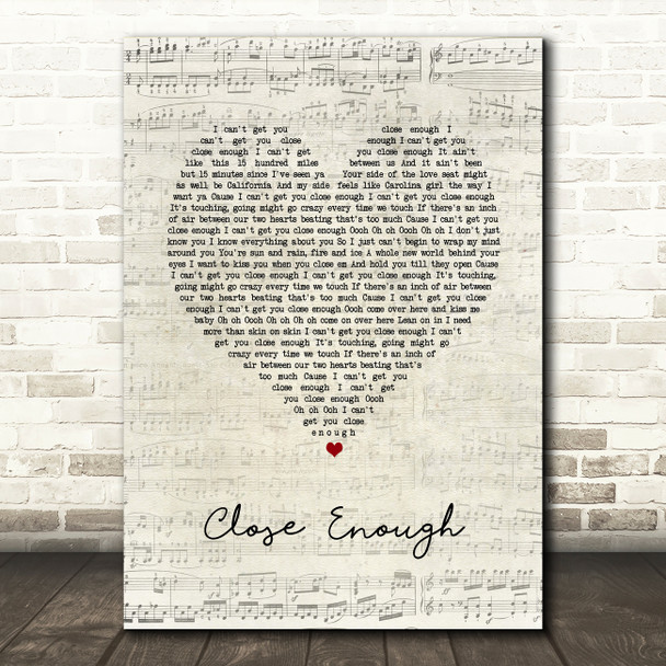 Brett Young Close Enough Script Heart Song Lyric Print