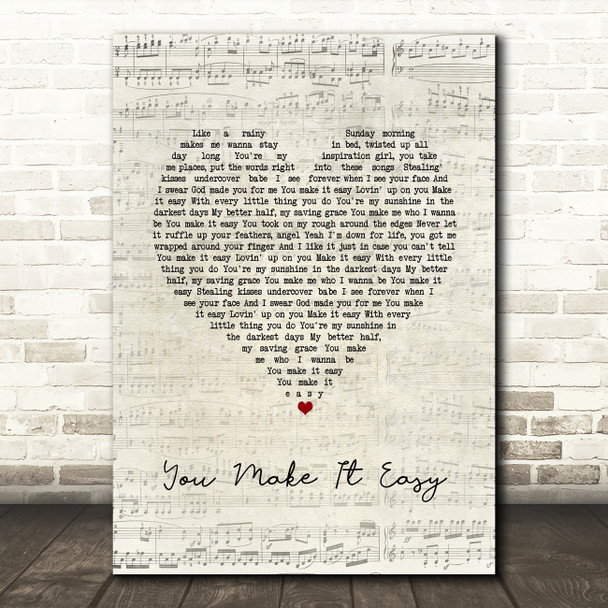Jason Aldean You Make It Easy Script Heart Song Lyric Print