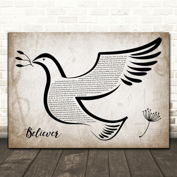 Imagine Dragons Believer Vintage Dove Bird Song Lyric Wall Art Print