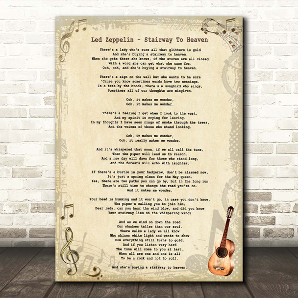 Led Zeppelin Stairway To Heaven Vintage Guitar Song Lyric Print