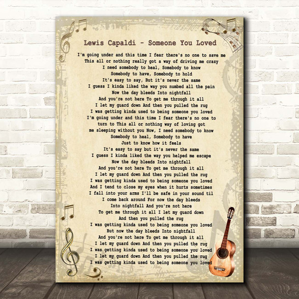 Lewis Capaldi Someone You Loved Vintage Guitar Song Lyric Print