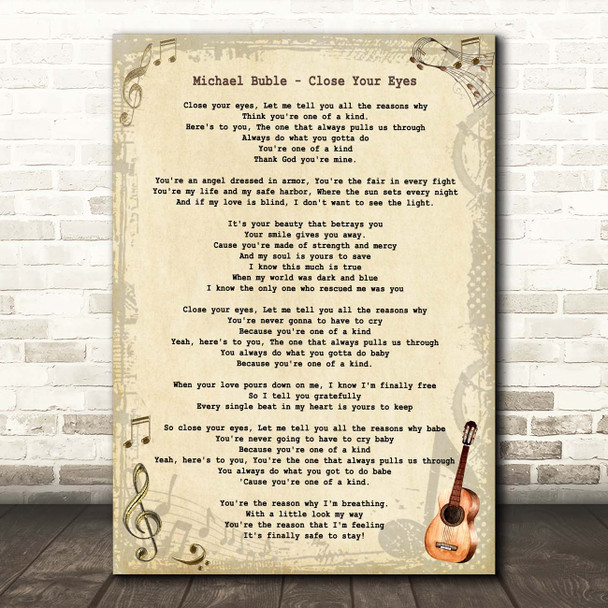 Michael Buble Close Your Eyes Vintage Guitar Song Lyric Print