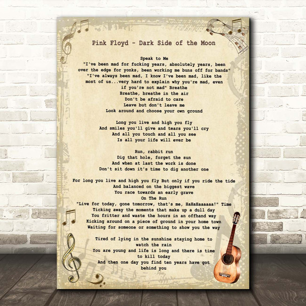 Pink Floyd Dark Side of the Moon Vintage Guitar Song Lyric Print