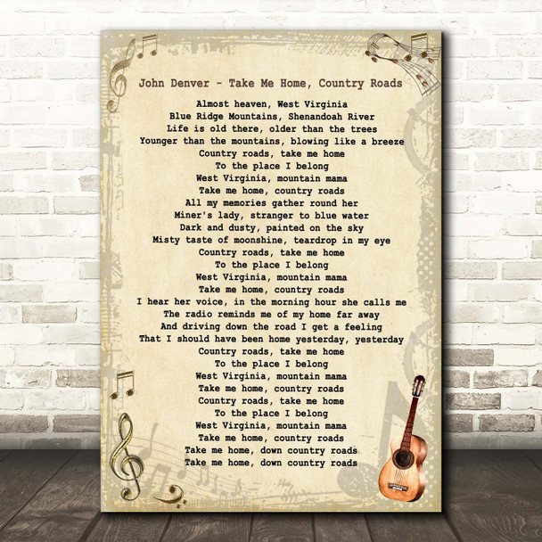 John Denver Take Me Home, Country Roads Vintage Guitar Song Lyric Print