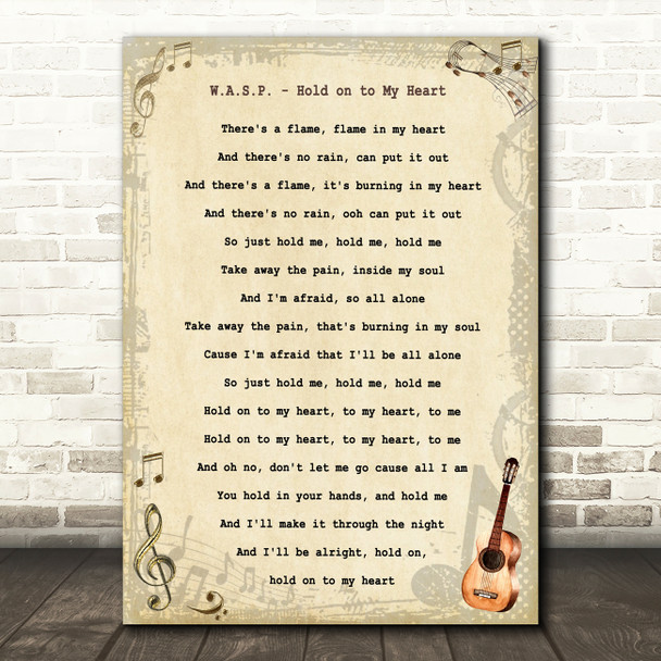 W.A.S.P. Hold on to My Heart Vintage Guitar Song Lyric Wall Art Print
