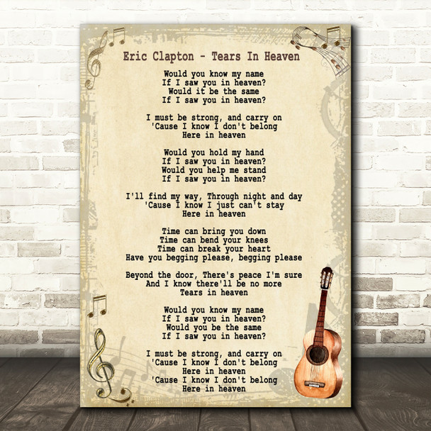Eric Clapton Tears In Heaven Song Lyric Vintage Quote Print