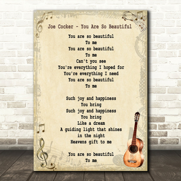 Joe Cocker You Are So Beautiful Song Lyric Vintage Quote Print