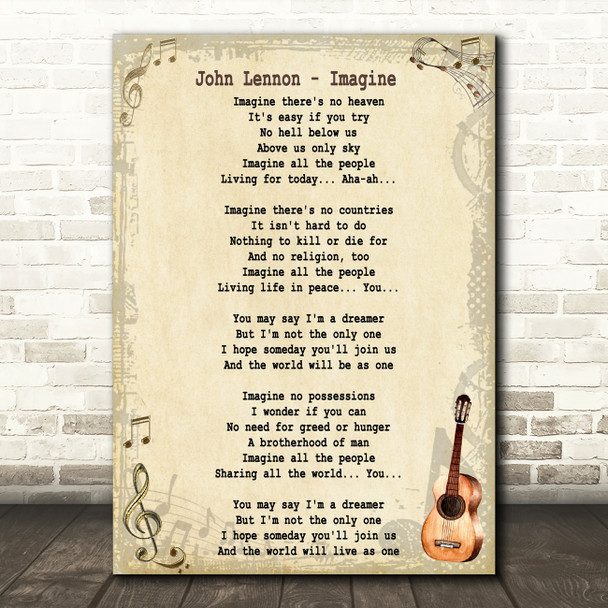 John Lennon Imagine Song Lyric Vintage Quote Print