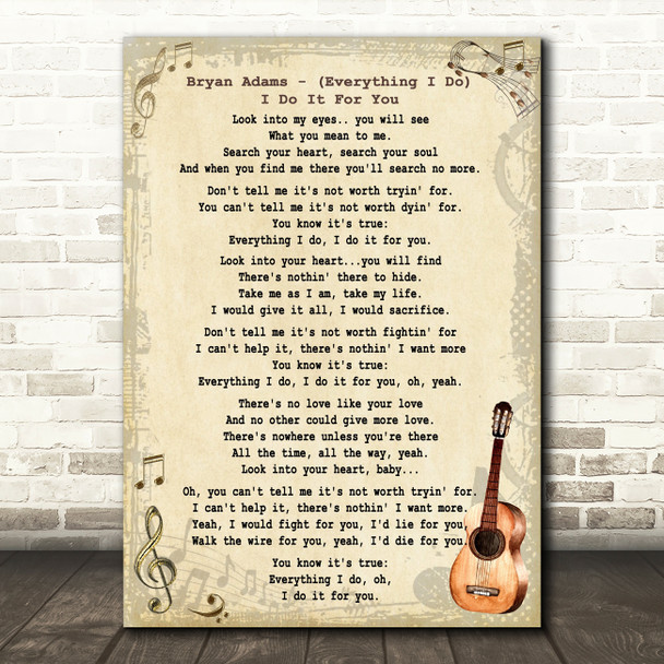 Bryan Adams Everything I Do I Do It For You Song Lyric Vintage Quote Print