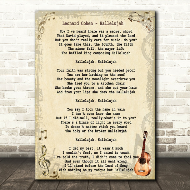 Leonard Cohen Hallelujah Song Lyric Vintage Quote Print
