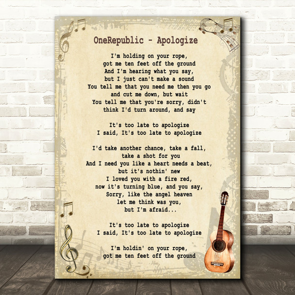 OneRepublic Apologize Song Lyric Vintage Quote Print