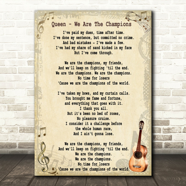 Queen We Are The Champions Song Lyric Vintage Quote Print