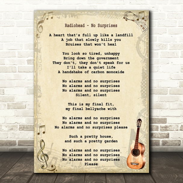 Radiohead No Surprises Song Lyric Vintage Quote Print