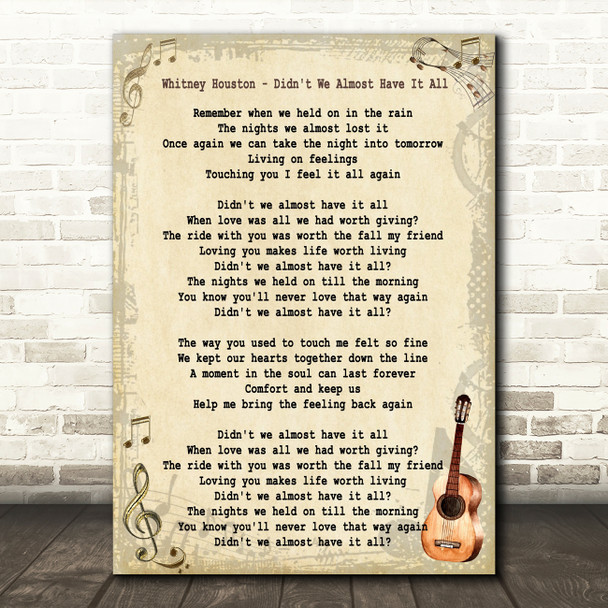 Whitney Houston Didn't We Almost Have It All Song Lyric Vintage Quote Print