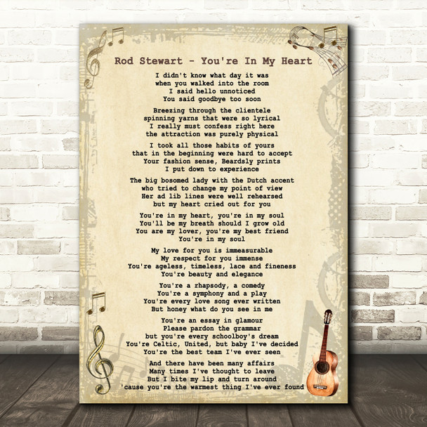 Rod Stewart - You're In My Heart Song Lyric Guitar Quote Print