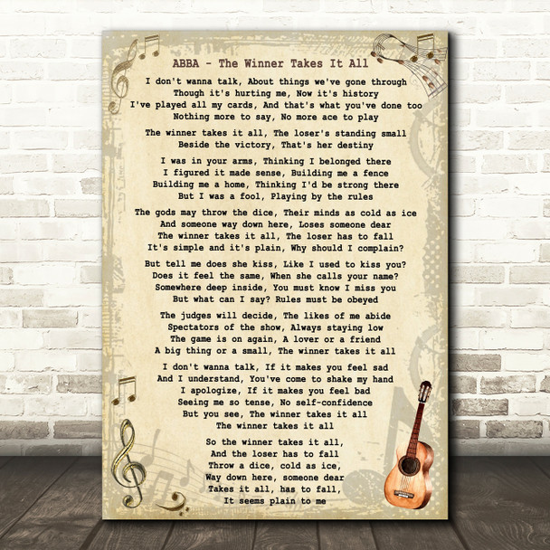 ABBA The Winner Takes It All Song Lyric Vintage Quote Print
