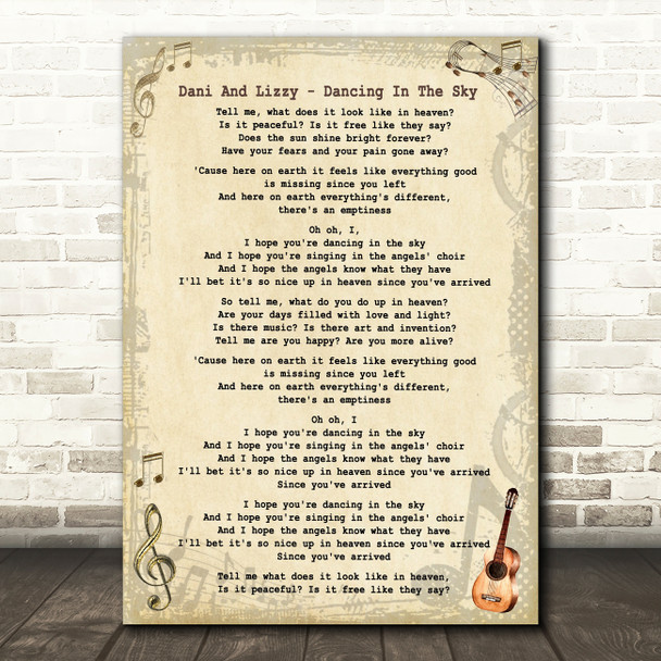 Dani And Lizzy Dancing In The Sky Vintage Guitar Song Lyric Quote Print