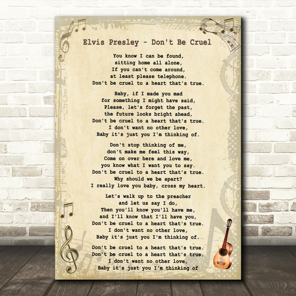 Elvis Presley Don't Be Cruel Vintage Guitar Song Lyric Quote Print