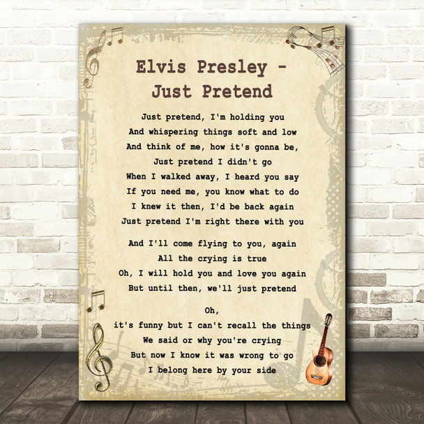 Elvis Presley Just Pretend Vintage Guitar Song Lyric Quote Print