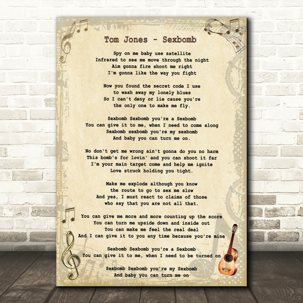 Tom Jones Sexbomb Vintage Guitar Song Lyric Quote Print