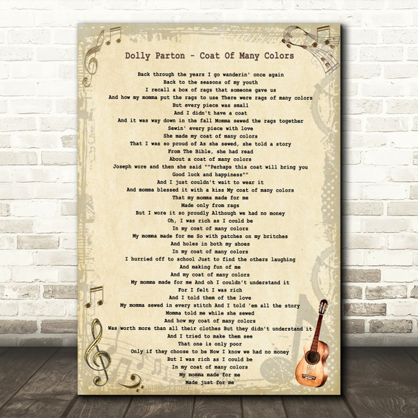 Dolly Parton Coat Of Many Colors Vintage Guitar Song Lyric Print