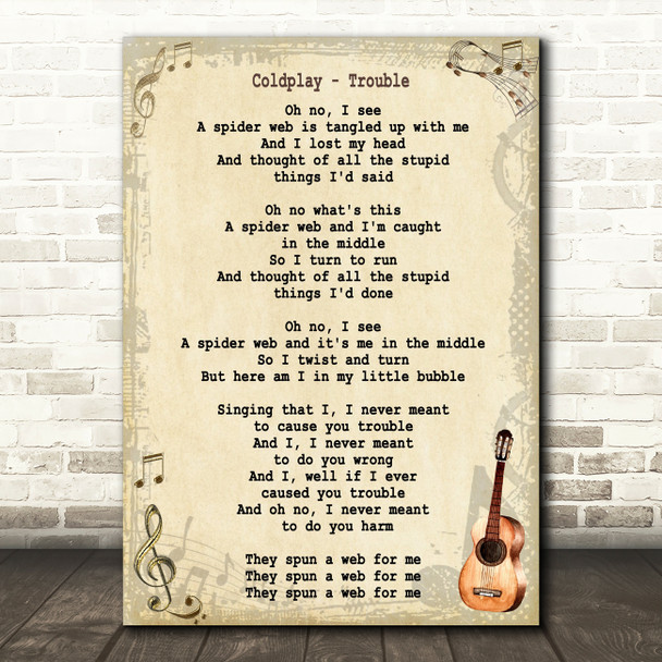 Coldplay Trouble Song Lyric Vintage Quote Print