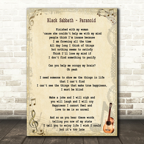Black Sabbath Paranoid Song Lyric Quote Print