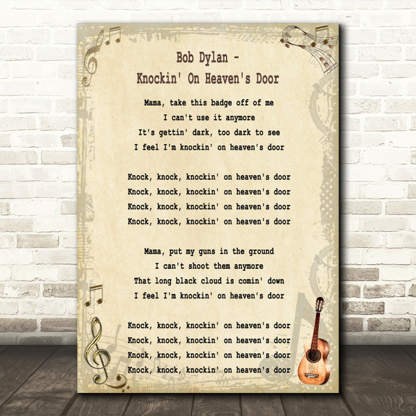 Bob Dylan Knockin' On Heaven's Door Song Lyric Quote Print