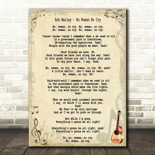 Bob Marley No Woman No Cry Song Lyric Quote Print