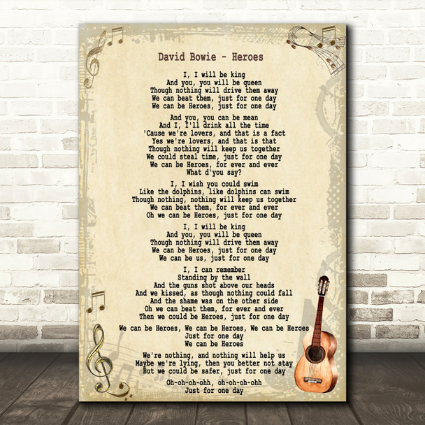 David Bowie Heroes Song Lyric Guitar Quote Print